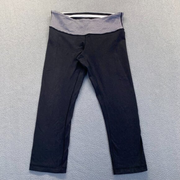 Lululemon Wunder Under Crop Black White Leggings Striped Waist Size 8 Parallel - Picture 1 of 6